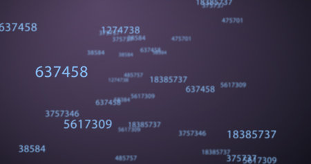 Image of multiple blue numbers rising growing changing in fast pace on purple background. Counting change movement concept digitally generated image.の写真素材