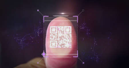 Image of fingerprint QR code data scanning and processing and digital interface with purple network on black background. Online security concept digitally generated image.の写真素材