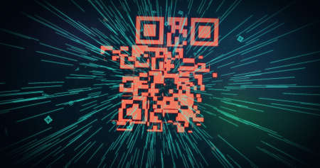 Image of QR code flashing data scanning and processing and digital interface with glowing network in the background. Online security concept digitally generated image.の写真素材