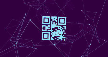 Image of QR code flashing data scanning and processing and digital interface with network on purple background. Online security concept digitally generated image.の写真素材