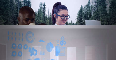 Digital interface with data processing against businessman and businessman working in nature....