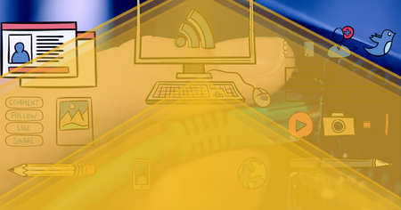 Multiple digital icons against close up of hand inserting cable in computer server. business and...