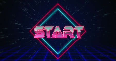 Image of retro Start text glitching over blue and red squares against black background 4k