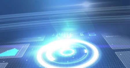 Image of statistics recording and scope scanning on screens over blue background. digital interface,...