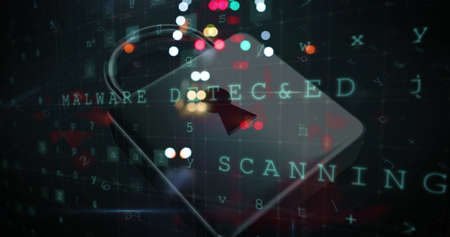 Image of computer interface online security padlock icon over words Scanning, Warning, Malware Detected and Firewall Disabled with urban road traffic in the background. Online security computer hacking cybercrime warning communication and connection concept digitally generated image.の写真素材