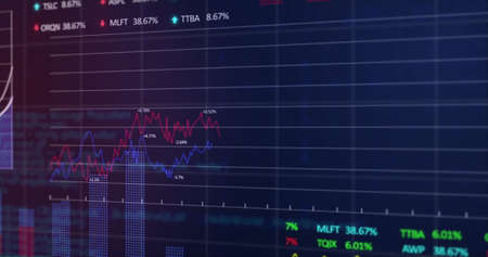Image of stock market display with red, blue, purple and green stock market tickers and graphs,...