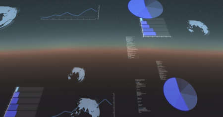 Image of data processing, globes spinning and statistics recording on gradient background. digital...