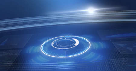 Image of scope scanning and data processing on screens over blue background. digital interface,...