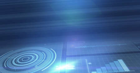 Image of statistics recording and scopes scanning on screens over glowing blue background. digital...
