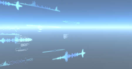 Image of data processing and particles recording on glowing blue background. digital interface,...
