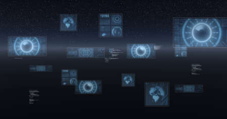 Image of scope scanning, statistics recording, globe spinning and data processing on screens....