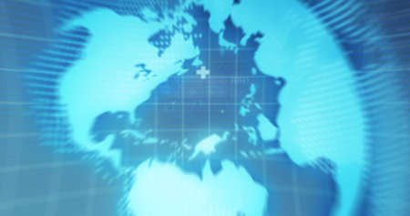 Image of scope scanning, statistics recording, globe spinning and data processing on screens. digital interface, global connection and communication concept digitally generated image.の写真素材