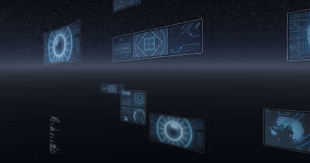 Image of scope scanning, statistics recording, globe spinning and data processing on screens....