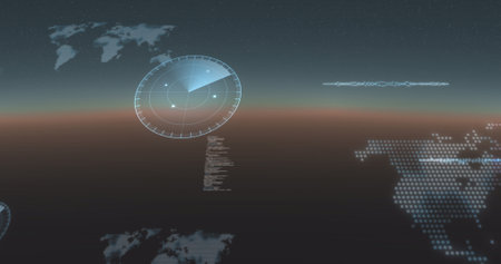 Image of data processing, world maps and statistics recording on gradient background. digital interface, global connection and communication concept digitally generated image.の写真素材
