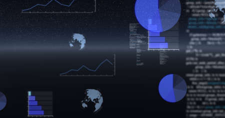 Image of data processing, globes spinning and statistics recording over universe. digital interface,...