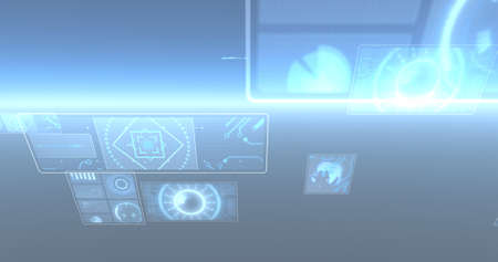 Image of data processing and scopes scanning on screens over glowing blue background. digital...