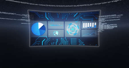 Image of scope scanning, statistics recording, globe spinning and data processing on screens....