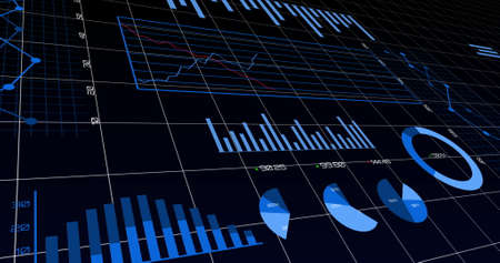 Image of statistic lines, charts and graphs recording and processing over a grid with numbers and...
