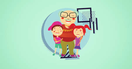 Composition of family smiling on green background. happy family, love and support concept digitally generated image.の写真素材