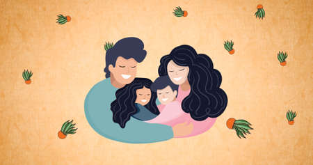 Composition of family over plant icons on red background. happy family, love and support concept digitally generated image.の写真素材