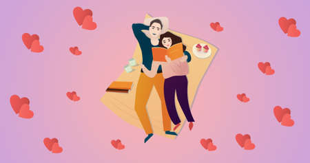 Composition of couple embracing over heart icons on pink background. happy family, love and support concept digitally generated image.の写真素材