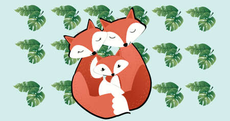 Composition of fox family embracing on white background. happy family, love and support concept...