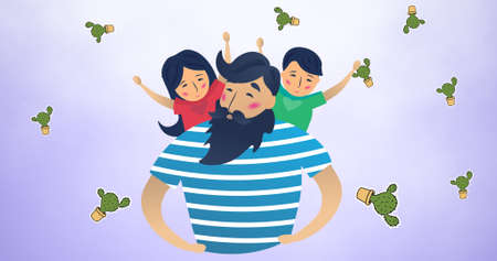 Composition of family over plant icons on blue background. happy family, love and support concept digitally generated image.の写真素材