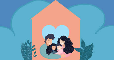 Composition of family embracing on blue background. happy family, love and support concept digitally generated image.の写真素材