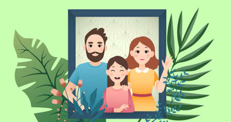 Composition of family looking through window on green background. happy family, love and support concept digitally generated image.の写真素材