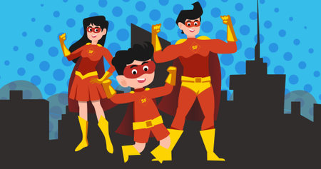 Composition of parents and son over cityscape. happy family, love and support concept digitally generated image.の写真素材