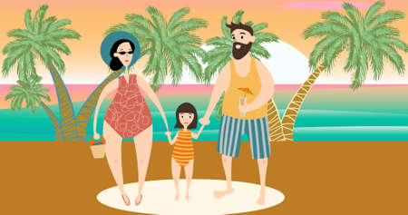 Composition of family at beach on orange background. happy family, love and support concept digitally generated image.の写真素材