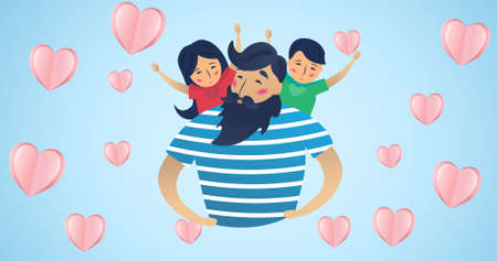 Composition of family embracing over heart icons on blue background. happy family, love and support concept digitally generated image.の写真素材
