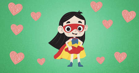 Composition of girl in superhero costume on green background. girl power, positive female strength and independence concept digitally generated image.の写真素材