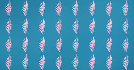 Composition of rows of pink leaves on blue background. pattern, nature and colour concept digitally...