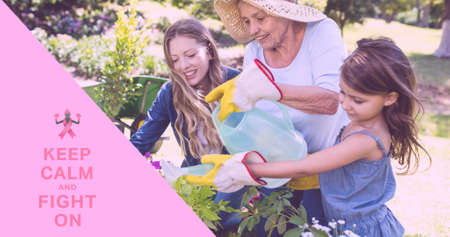 Composition of october and breast cancer text, with smiling family outdoors watering plants. breast...