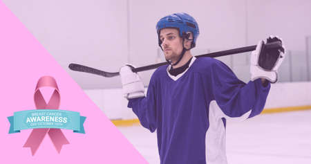 Composition of pink ribbon logo and breast cancer text, with hockey player. breast cancer positive awareness campaign concept digitally generated image.の写真素材