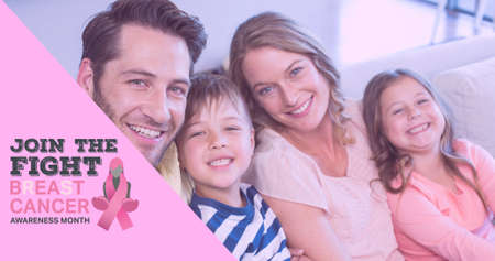 Composition of october and breast cancer text, with smiling family indoors. breast cancer positive awareness campaign concept digitally generated image.の写真素材