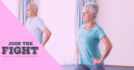 Composition of breast cancer text, with senior couple exercising. breast cancer positive awareness campaign concept digitally generated image.の写真素材