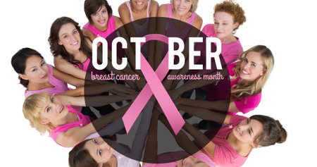 Composition of pink ribbon logo and breast cancer text over diverse group of smiling women. breast cancer positive awareness campaign concept digitally generated image.の写真素材