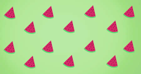 Composition of rows of watermelon slices on green background. summer, fruit and colour concept...