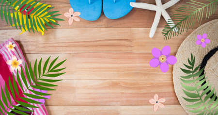 Composition of exotic leaves, flip flops and starfish forming frame with copy space. summer, exotic...