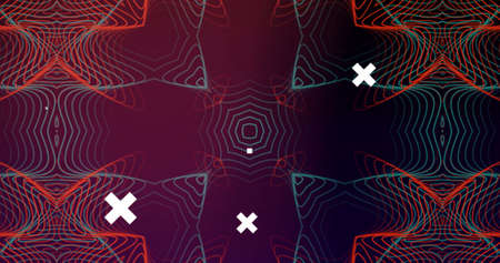 Image of white crosses over data processing, multi coloured screen and moving pattern. communication...