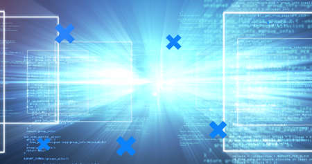 Image of blue crosses over data processing, colourful screen, text wow, and digital landscape....