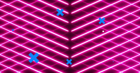 Image of blue crosses over network of icons, pink neon grid, and circuit network. communication technology and digital interface concept, digitally generated image.の写真素材