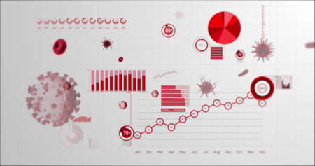 Image of coronavirus Covid 19 cells with graph statistics recording and data processing on white...