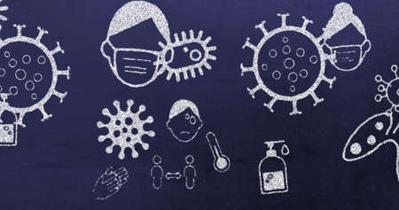 Image of white icons of people with face masks, lungs, hands and Covid 19 coronavirus cell moving on purple background. Global coronavirus Covid 19 pandemic concept digitally generated image.の写真素材