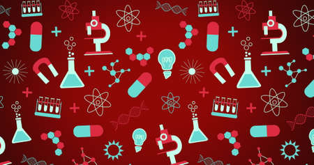 Image of multiple floating chemical pictograms on the red background. Education back to school concept digitally generated image.の写真素材