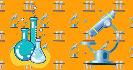 Digital image of Microscope and laboratory beakers icons over multiple test tubes and microscope icons against yellow backgroundの写真素材