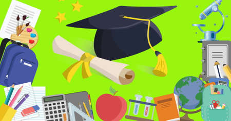 Digital image of graduation cap and diploma icon and multiple school concept icons moving against...