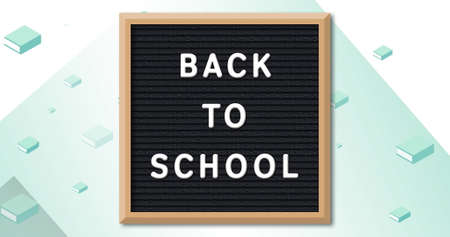 Image of back to school text over school items icons on green background. school, education and...